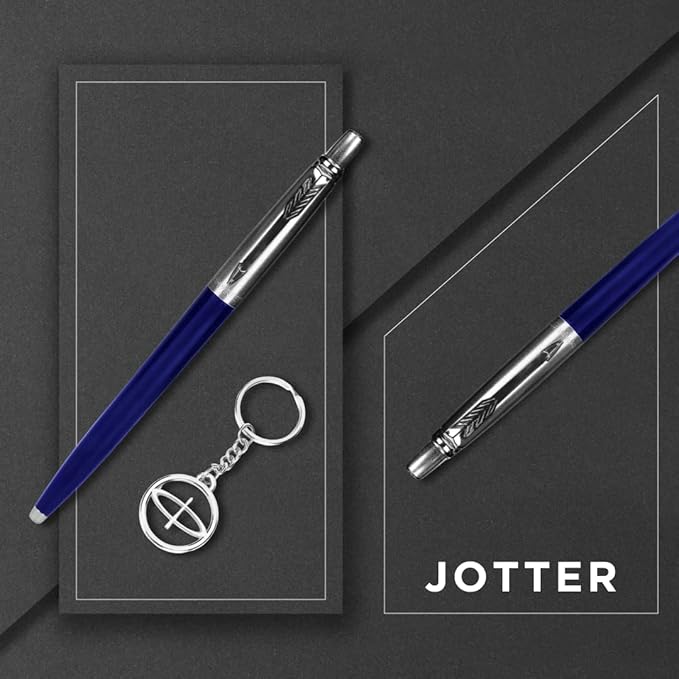 Parker Jotter Standard Chrome Trim Ball Pen with Blue Ink and Free Keychain, Perfect for Office Professionals, College Students, and Personal Use, Classic and Reliable