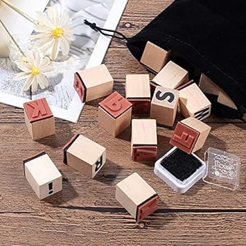 Oytra 32 Letters Rubber Stamps Alphabet Special Characters Wooden Body with Ink Pad ABCD for Journaling Scrapbooking Art Craft Decor Decoration Gift