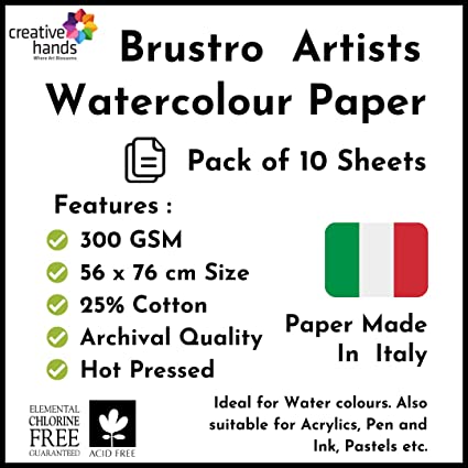 Brustro Artists' Watercolour paper 25% cotton HP 300 Gsm Imperial Size (56 x76 cm OR 22 x29.9 inches) (10 Sheets)