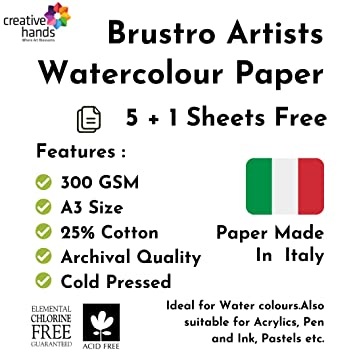 Brustro Artists Watercolour Paper, 300 GSM, A3-25% Cotton, Cold Pressed, 5+1 Sheet