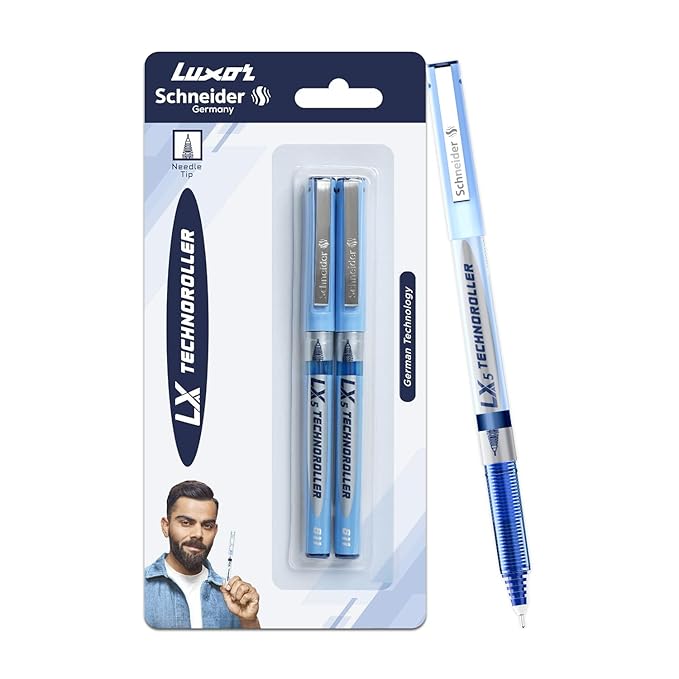 Luxor Schneider LX5 Technoroller| Pack of 2| Blue Ink Colour|0.5 mm tip|100% Liquid Ink Roller Pen| German Technology| Smooth writing experience| Ideal Pen for Students & Professionals