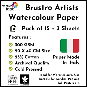 Brustro Watercolour Paper 300 GSM 20cm x 40cm (Pack of 15 + 3 Free Sheets)