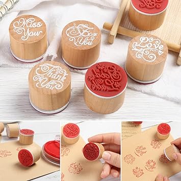 Oytra 6 Pc Wooden Round Block Word Stamps for Painting Scrapbooking Journaling Miss You, for You, Thank You, My Friend, Love, Good Luck