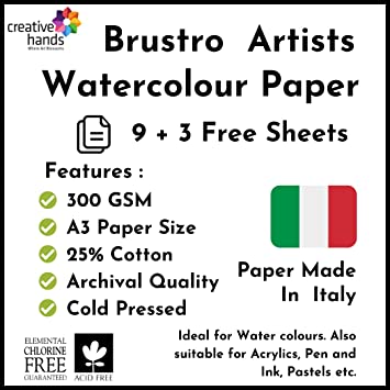 Brustro Artists' Watercolour Paper 300 GSM A3 -25% cotton CP (Packet Contains 9+3 sheet )