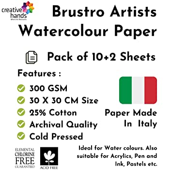 Brustro Watercolour Papers CP 300 GSM 30CM X 30CM (Pack of 10+2 Sheets)