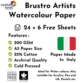 Brustro Artists' Watercolour Paper 200 GSM A5 - 25% cotton Cold Pressed 2 Packets (Each Packet Contains 24 + 6 Sheets Free)