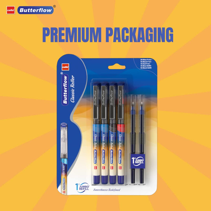 Cello Butterflow Classic Roller Ball Pen (Pack of 4, Ink Color - Blue , Black & Red)