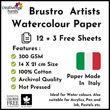 Brustro Artists' Watercolour Paper 300 GSM 14 cm x 21 cm Hot Pressed (Pack of 12 + 3 Free Sheets)