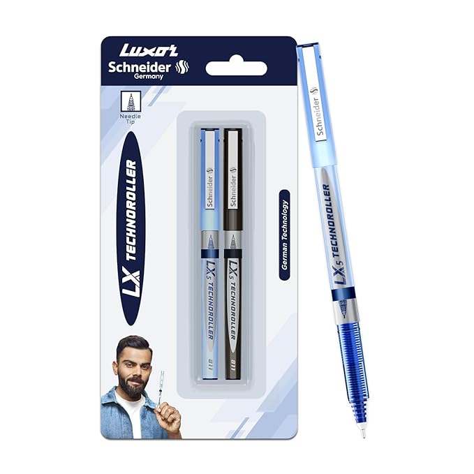 Luxor Schneider LX5 Technoroller| Pack of 2| 1Blue + 1Black |0.5 mm tip|100% Liquid Ink Roller Pen| German Technology| Smooth writing experience| Ideal Pen for Students & Professionals