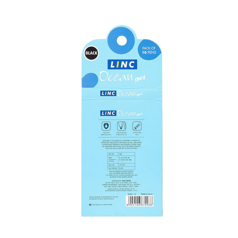 Linc Ocean Classic 0.55 mm Gel Pen, Black Ink, Pack Of 10