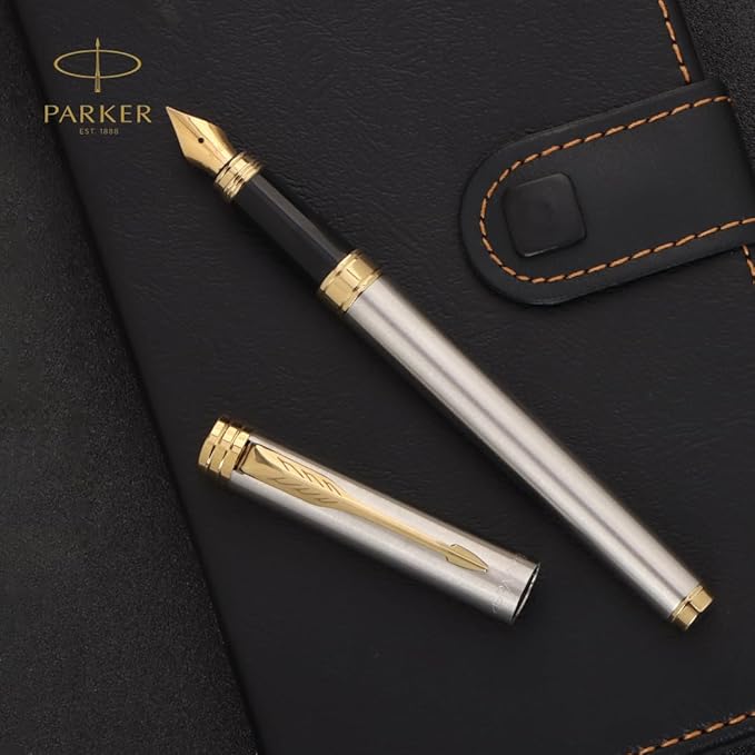 Parker Folio Stainless Steel Gold Trim Fountain Pen With 1 Ink Cartridge Free