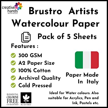 Brustro Artists' Watercolour paper 100% cotton CP 300 Gsm A2 (5 Sheets)