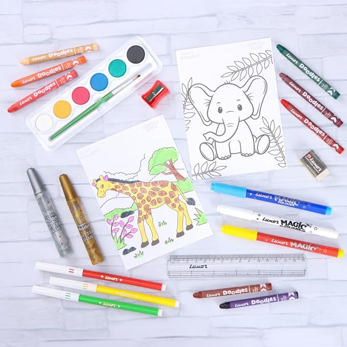Luxor Doodles Super Combo Art Set - Ignite Imagination with Diverse Crayons, Sketch Pens, Water Colors, Glitter, Glue, Eraser & Sharpener, Ultimate Creative Kit for Kids' Artistic Adventures