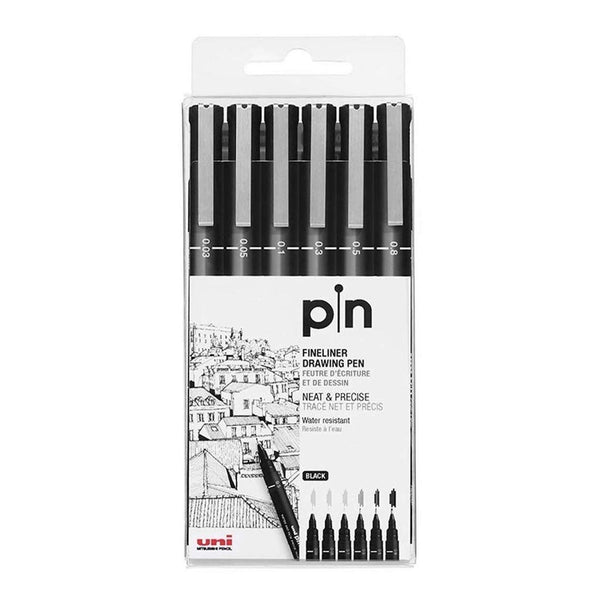 Uniball PIN-200 Fineliner Drawing Pen Set of 6 - 0.03mm to 0.8mm Tips