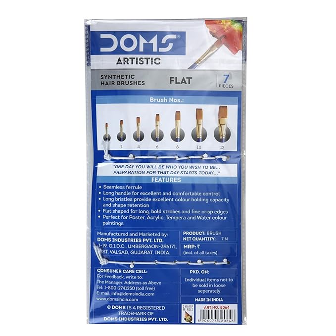 DOMS Artist Synthetic Hair Brushes Flat (1,2,4,6,8,10,12) (Set of 1, Blue)