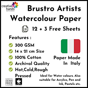 Brustro Artists' Watercolour Papers 300 GSM 14 X 21 CM ( Assorted HP,CP,Rough) Pack of 12 + 3 Free Sheets