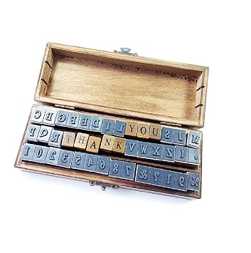 Oytra 42 Letters Capital Alphabet Number Rubber Stamps Special Characters Wooden ABCD in Wood Storage Box