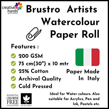 Brustro Artists' Watercolour 25% Cotton Paper Roll 200 Gsm Cold Pressed Size 75 cm(30") x10 mtr