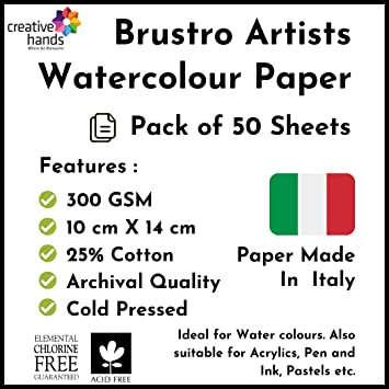 Brustro Artists' Watercolour paper 25% Cold Pressed 300 GSM 50 SHEETS. Size 10 X 14 cm