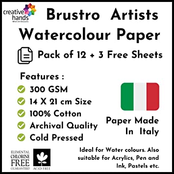 Brustro Artists' Watercolour Paper 300 GSM 14 cm x 21 cm Cold Pressed (Pack of 12 + 3 Free Sheets)