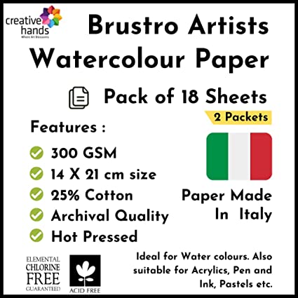 Brustro Watercolour Papers 25% Cotton HP 300 GSM 14 X 21 CM , 2 Packets (Each Packet Contains 18 sheets)