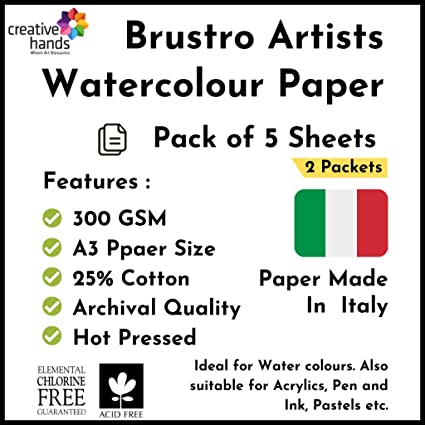 Brustro Watercolour Papers 25% Cotton HP 300 GSM A3 , 2 Packets (Each Packet Contains 5 sheets)