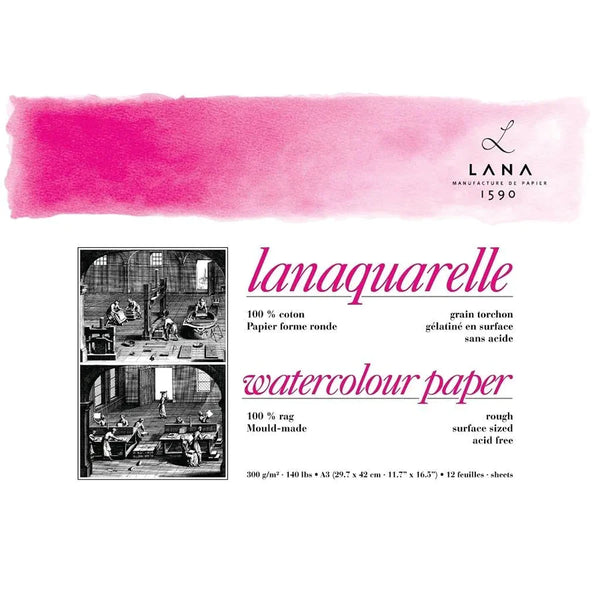 Lana Artists’ Watercolour – Lanaquarelle – A3 Natural White Smooth / ROUGH Press 300 GSM Paper 12 Sheets