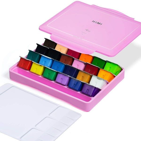 HIMI Gouache Paint Set, 24 Colors x 30ml/1oz with a Palette, Unique Jelly Cup Design, Non-Toxic, Guache Paint for Canvas Watercolor Paper - Perfect for Beginners, Students, Artists(Pink Box)