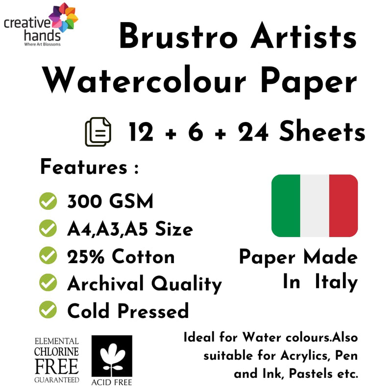 Brustro Artists Watercolour Paper 300 GSM, 25% Cotton, Cold Pressed, A4 (Pack of 12), A3 (Pack of 6) & A5 (Pack of 24)