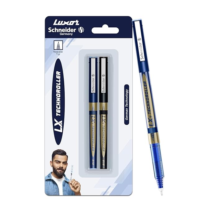 Luxor Schneider LX7 Technoroller| Pack of 2| 1Blue + 1Black |0.7 mm tip|100% Liquid Ink Roller Pen| German Technology| Smooth writing experience| Ideal Pen for Students & Professionals