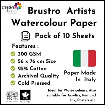 Brustro Artists' Watercolour paper 25% cotton CP 300 Gsm Imperial Size (56 x76 cm OR 22 x29.9 inches) (10 Sheets)