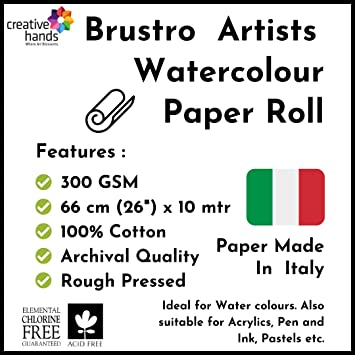 Brustro Artists' Watercolour 100% Cotton Paper Roll 300 Gsm-Rough. Size 66 cm (26") x10 mtr