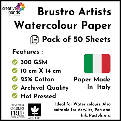 Brustro Artists' Watercolour paper 25% Hot Pressed 300 GSM 50 SHEETS. Size 10 X 14 cm