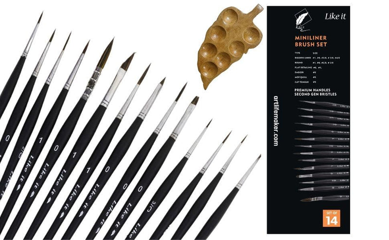 Like it Miniliners Brush Set of 14 Professional Artist Premium Handmade Paintbrush Set 14 with Mini Leaf Painting Palette Free