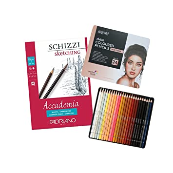 Brustro Artists’ Coloured Pencil Set of 24 (in Elegant tin Box) with Fabriano Accademia Sketching Pad A5