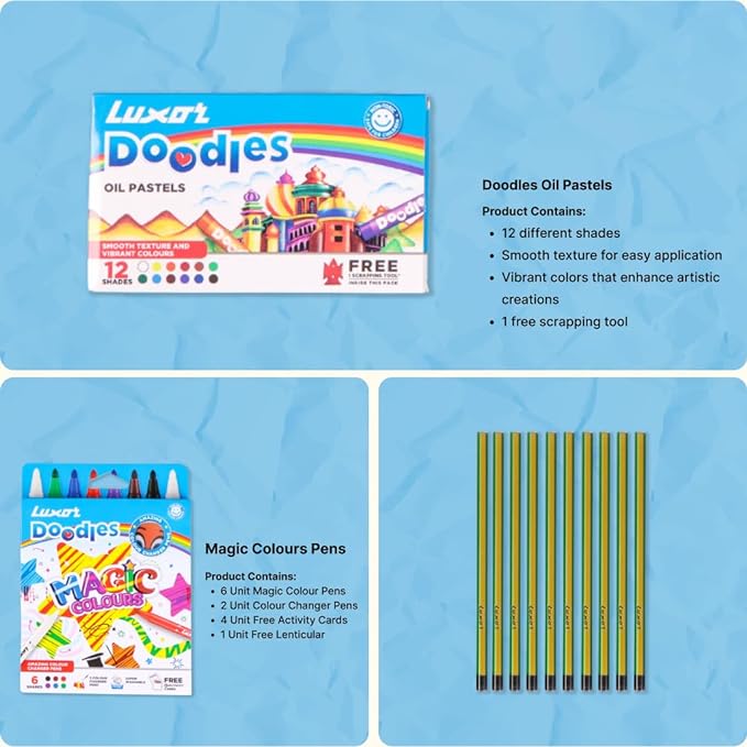 Luxor Doodles Colouring Kit for Kids - Drawing Book, Non-Toxic Plastic Crayons, Oil Pastels, Mini Sketch Pens, Washable Magic Colours, Pencils & Erasers, Best Choice for Budding Artists