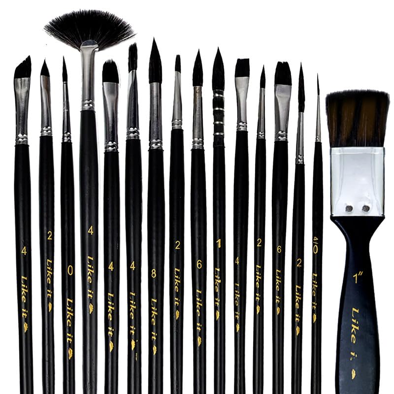 Like it Imported Pure Black Synthetic Squirrel Mix Professional Artist Painting Brush Set Synthetic Squirrel Bristle 16 Brushes Set for Acrylic, Watercolor, & Gouache Painting