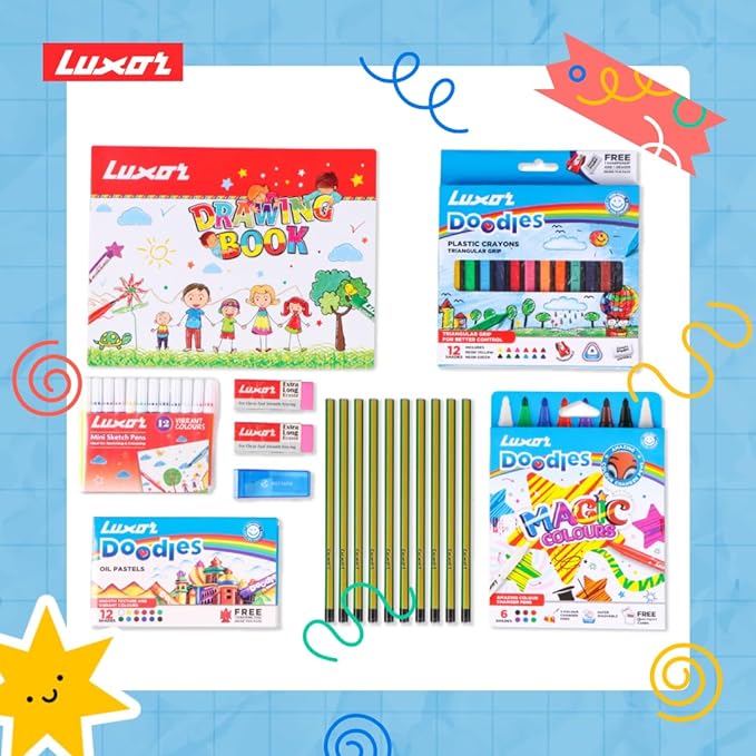 Luxor Doodles Colouring Kit for Kids - Drawing Book, Non-Toxic Plastic Crayons, Oil Pastels, Mini Sketch Pens, Washable Magic Colours, Pencils & Erasers, Best Choice for Budding Artists