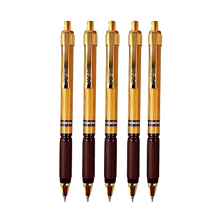 TOTEM Vintage Ball Pens | 5 Blue Ink Pens | Attractive Woody Design | 0.7 mm Tip | Rubber Elastro Grip | Retractable Pens | Click Pens | Pens for Writing | Corporate Gifting | Premium Signature Pens