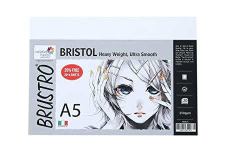 Brustro Ultra Smooth Bristol Sheets, A5 Size, 250 GSM Pack of 20 + 4 Free Sheets (Pack of 2)