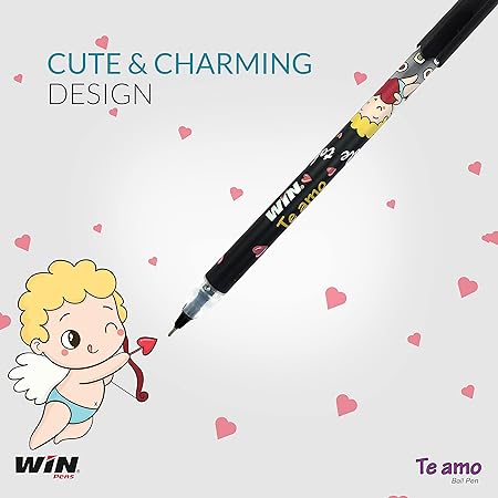 WIN Te Amo Ball Pens | 20 Black Pens | The Magic of Gel in a Ball Pen | 0.7mm Tip | Cute & Stylish Printed Body with Angel & Heart | Ideal for Study & Professinal Stationary