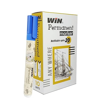 WIN Permanent Marker | Pack of 10, Blue Ink Markers | Bullet Tip | Smudge Proof Writing | Refillable Ink | Suitable for Multipurpose Usage | School and Office Stationery