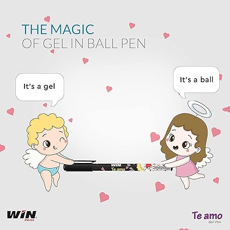 WIN Te Amo Ball Pens | 20 Black Pens | The Magic of Gel in a Ball Pen | 0.7mm Tip | Cute & Stylish Printed Body with Angel & Heart | Ideal for Study & Professinal Stationery