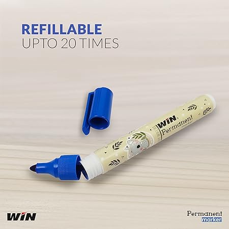 WIN Permanent Marker | Pack of 10, Blue Ink Markers | Bullet Tip | Smudge Proof Writing | Refillable Ink | Suitable for Multipurpose Usage | School and Office Stationery