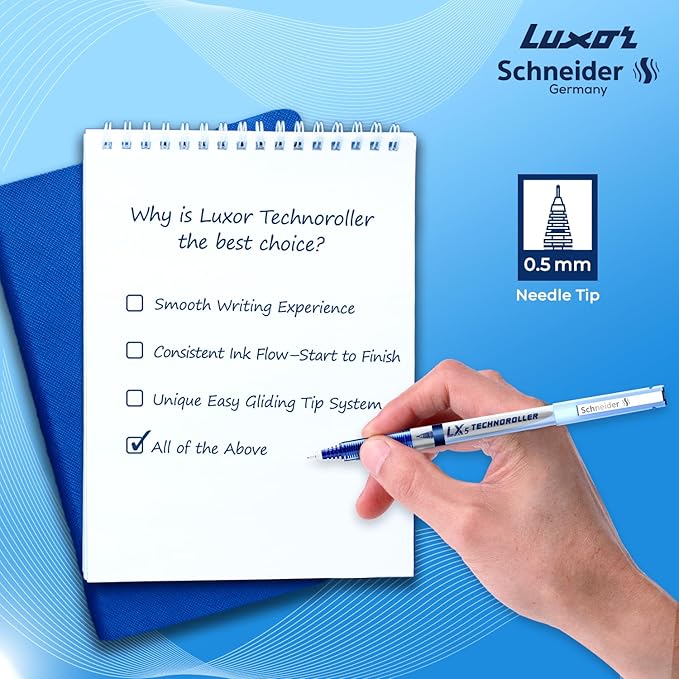 Luxor Schneider LX5 Technoroller| Pack of 2| Blue Ink Colour|0.5 mm tip|100% Liquid Ink Roller Pen| German Technology| Smooth writing experience| Ideal Pen for Students & Professionals