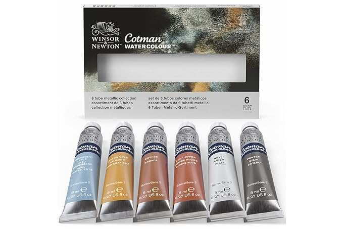 Winsor & Newton Cotman Watercolor Paint Set, 6 Metallic Colors, 8ml (0.27-oz) Tubes
