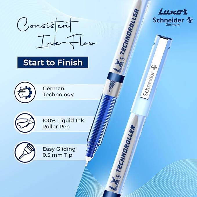 Luxor Schneider LX5 Technoroller| Pack of 3| Blue Ink Colour |0.5 mm tip|100% Liquid Ink Roller Pen| German Technology| Smooth writing experience| Ideal Pen for Students & Professionals