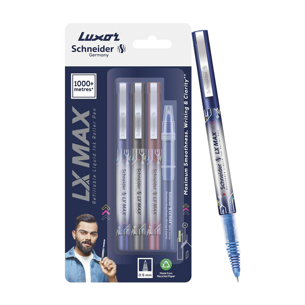 Luxor Schneider LX Max Roller Ball Pen Pack of 3 Needle Tip Blue+Black+Red+Blue Refill
