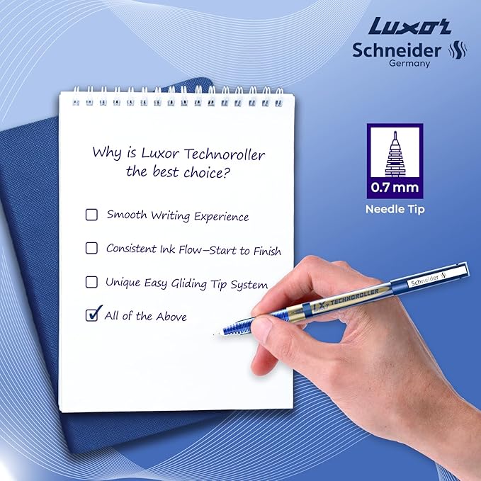 Luxor Schneider LX7 Technoroller| Pack of 2| Blue Ink Colour|0.7 mm tip|100% Liquid Ink Roller Pen| German Technology| Smooth writing experience| Ideal Pen for Students & Professionals