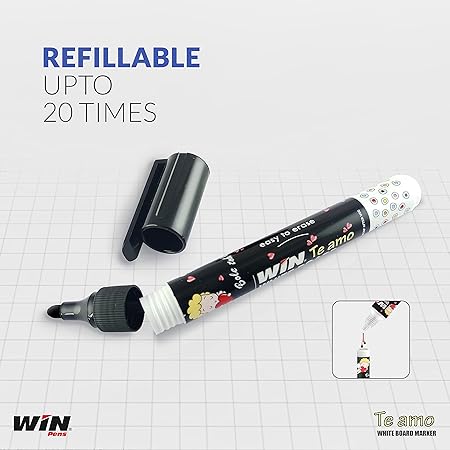 WIN Te Amo White Board Marker | 2 Black Ink Markers | Highlighter Pen | Bullet Tip for Bold Writing | Erasable Ink & Refillable Marker Pen | School & Office Use | Stationery Items